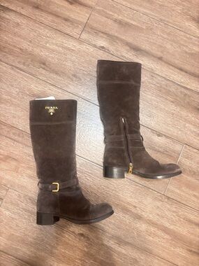 Prada Dark Brown Suede Riding Boots with Gold Accents
